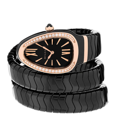 Bulgari 18K Rose Gold Ceramic Diamond 35mm Serpenti Watch Black