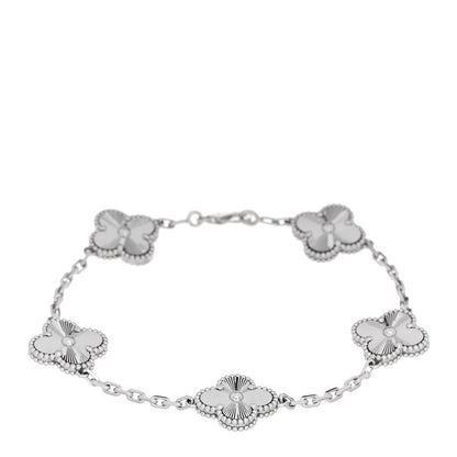Van Cleef & Arpels 18K White Gold 5 Motifs Guilloche Vintage Alhambra Bracelet
