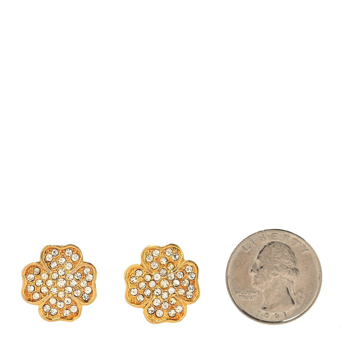 Chanel Metal Crystal Clover Clip On Earrings Gold