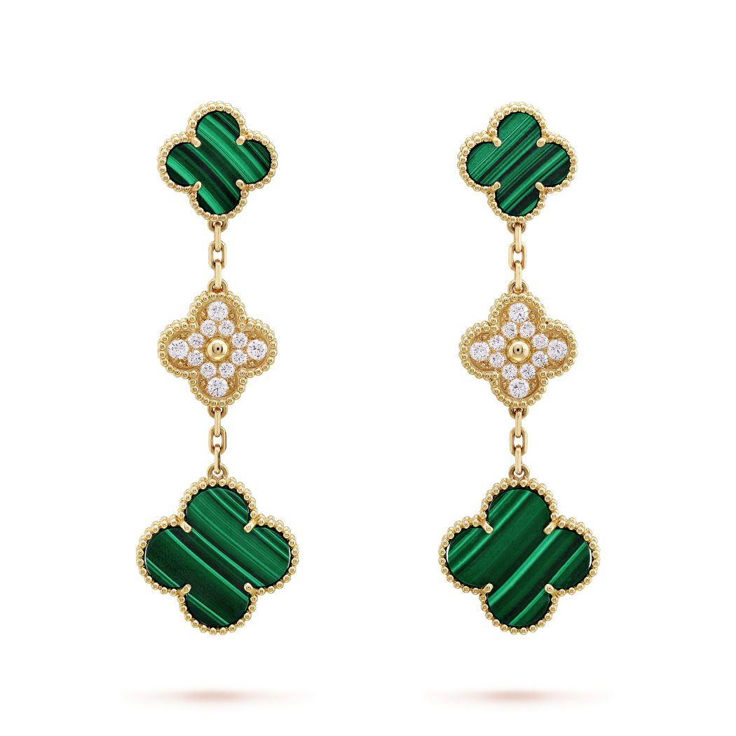 18K Yellow Gold Diamond Malachite VCA Magic Alhambra Earrings 3 Motifs
