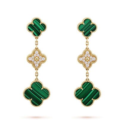 18K Yellow Gold Diamond Malachite VCA Magic Alhambra Earrings 3 Motifs