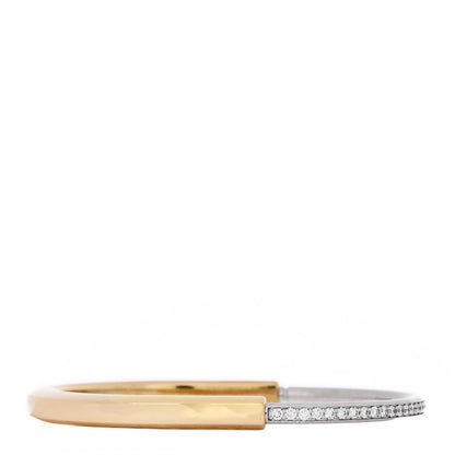 Tiffany 18K Yellow White Gold Diamond Lock Half Pave Bangle Bracelet