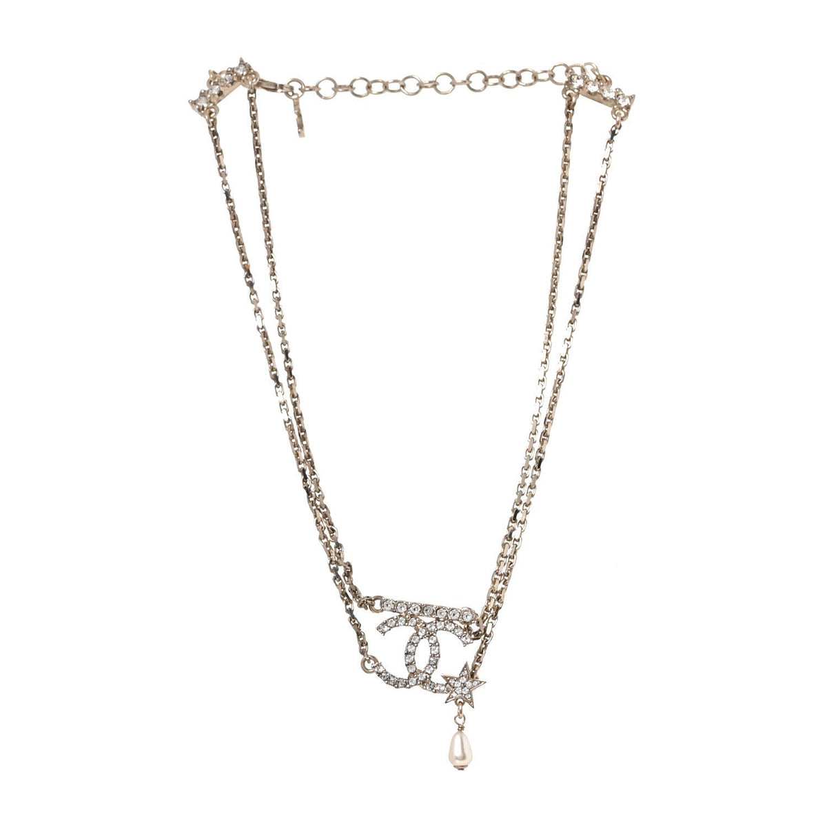 Chanel Metal Pearl Crystal CC Star Choker Necklace Gold
