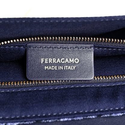 Salvatore Ferragamo Jacquard Small Mia Crossbody Bag Denim Midnight Blue
