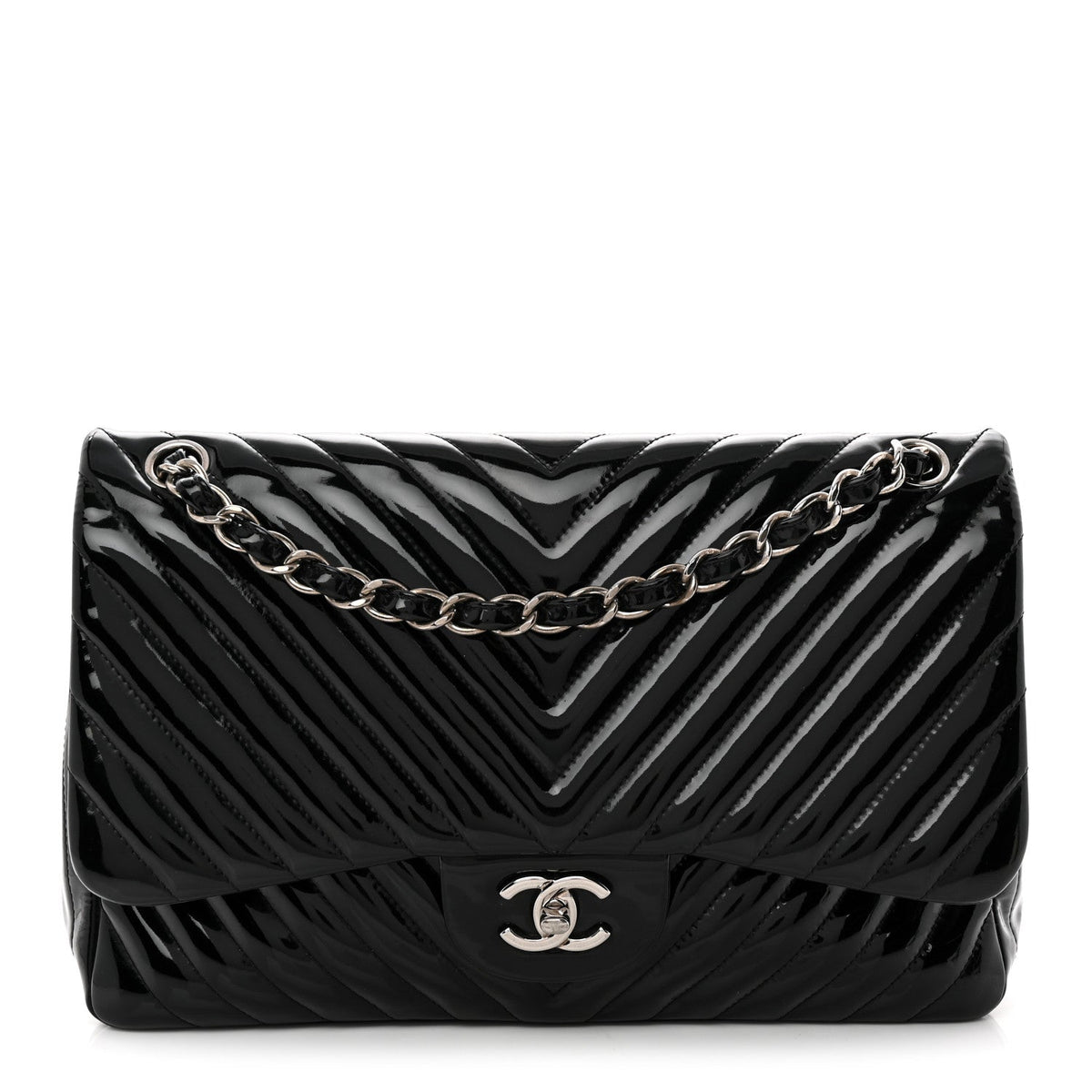 Chanel Patent Chevron Quilted Jumbo Double Flap Bag Black
