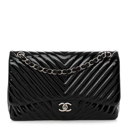 Chanel Patent Chevron Quilted Jumbo Double Flap Bag Black