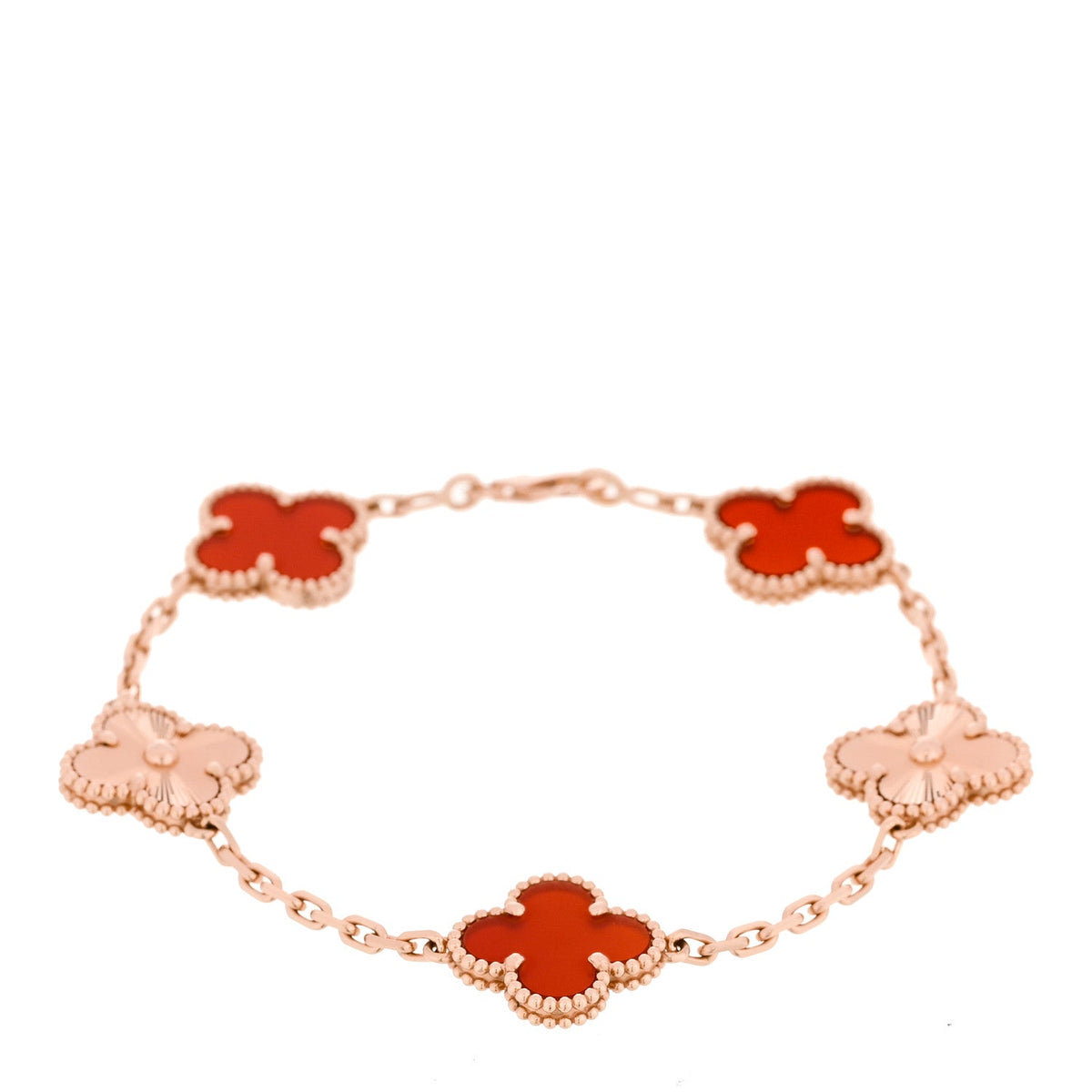 Van Cleef & Arpels 18K Rose Gold Carnelian Guilloche Vintage Alhambra Bracelet