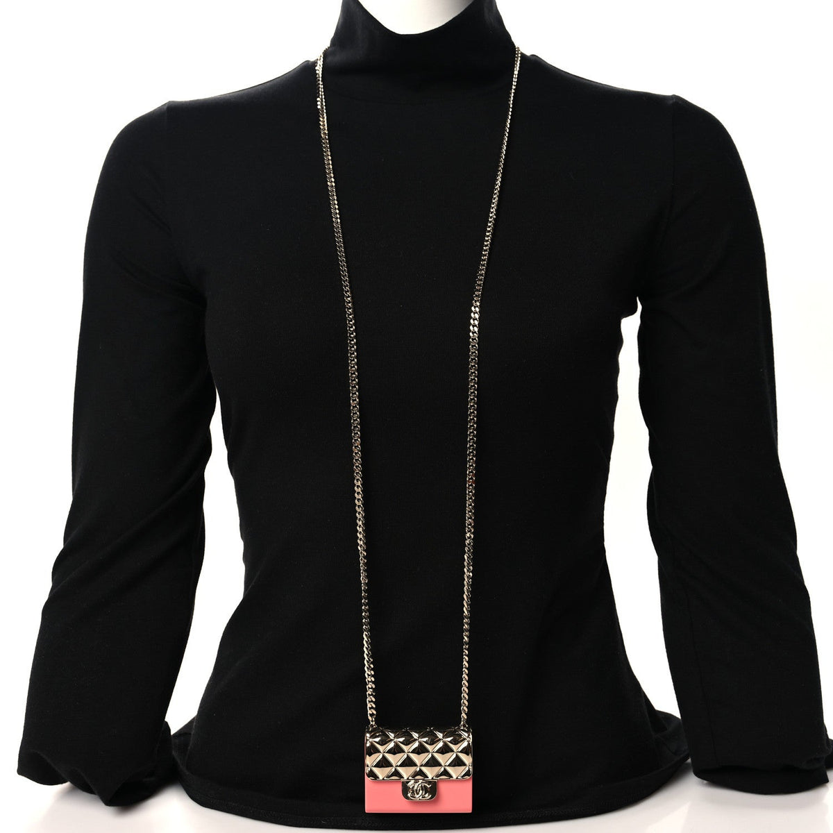Chanel Metal Resin Flap Bag Long Necklace Gold Pink