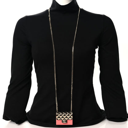 Chanel Metal Resin Flap Bag Long Necklace Gold Pink