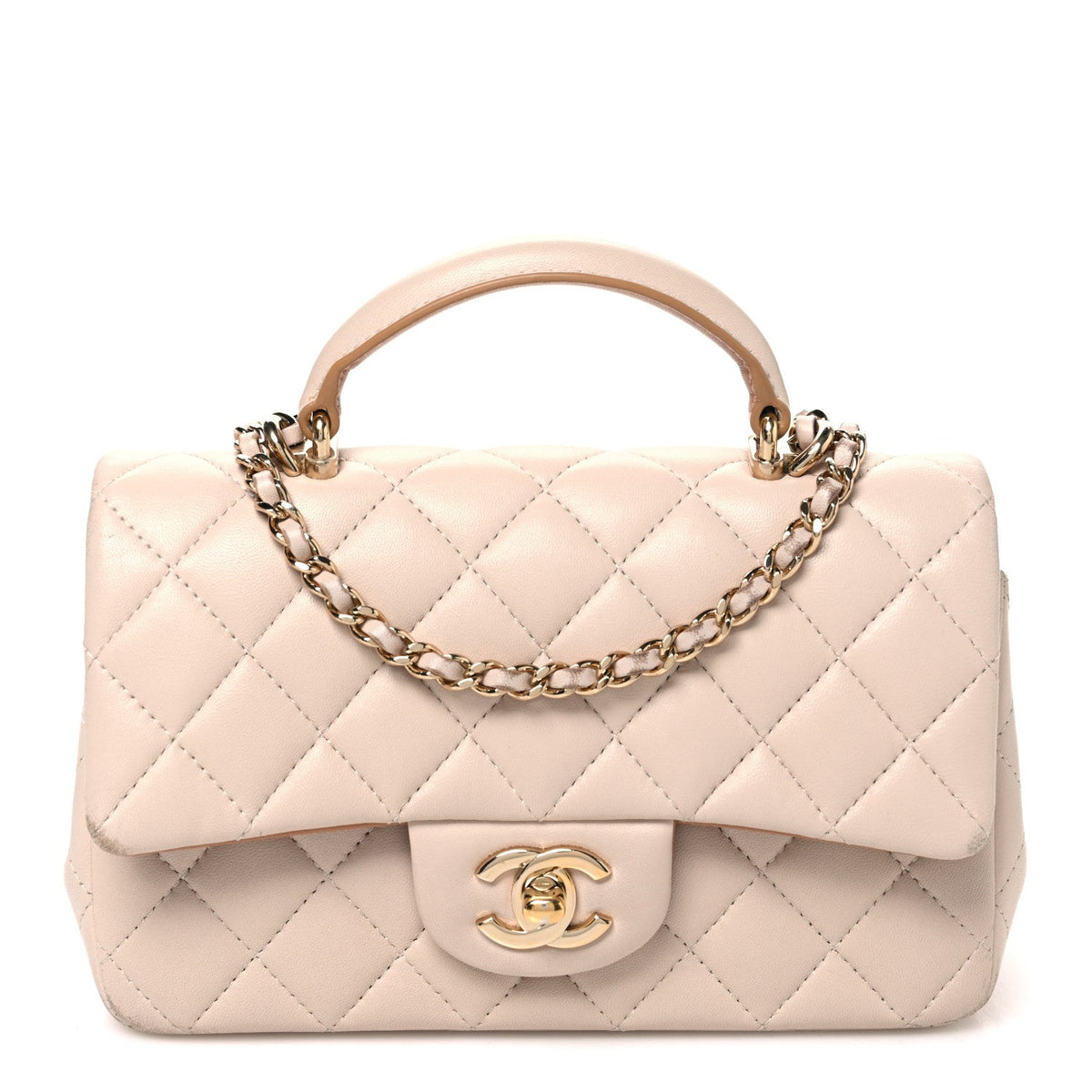 Chanel Lambskin Quilted Mini Top Handle Flap Ecru Dark Beige