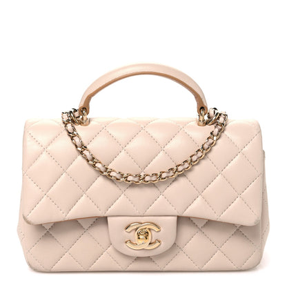 Chanel Lambskin Quilted Mini Top Handle Flap Ecru Dark Beige