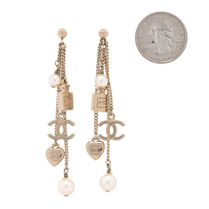 Chanel Metal Pearl Chain Charm Drop Earrings Gold