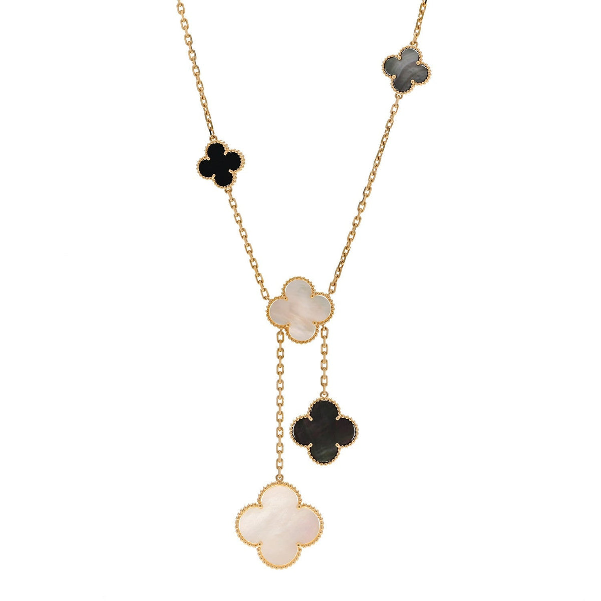 Van Cleef & Arpels 18K Yellow Gold Mother of Pearl Onyx 6 Motifs Magic Alhambra Necklace