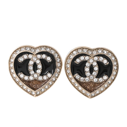 Chanel Resin Crystal Glitter CC Heart Earrings Black Gold