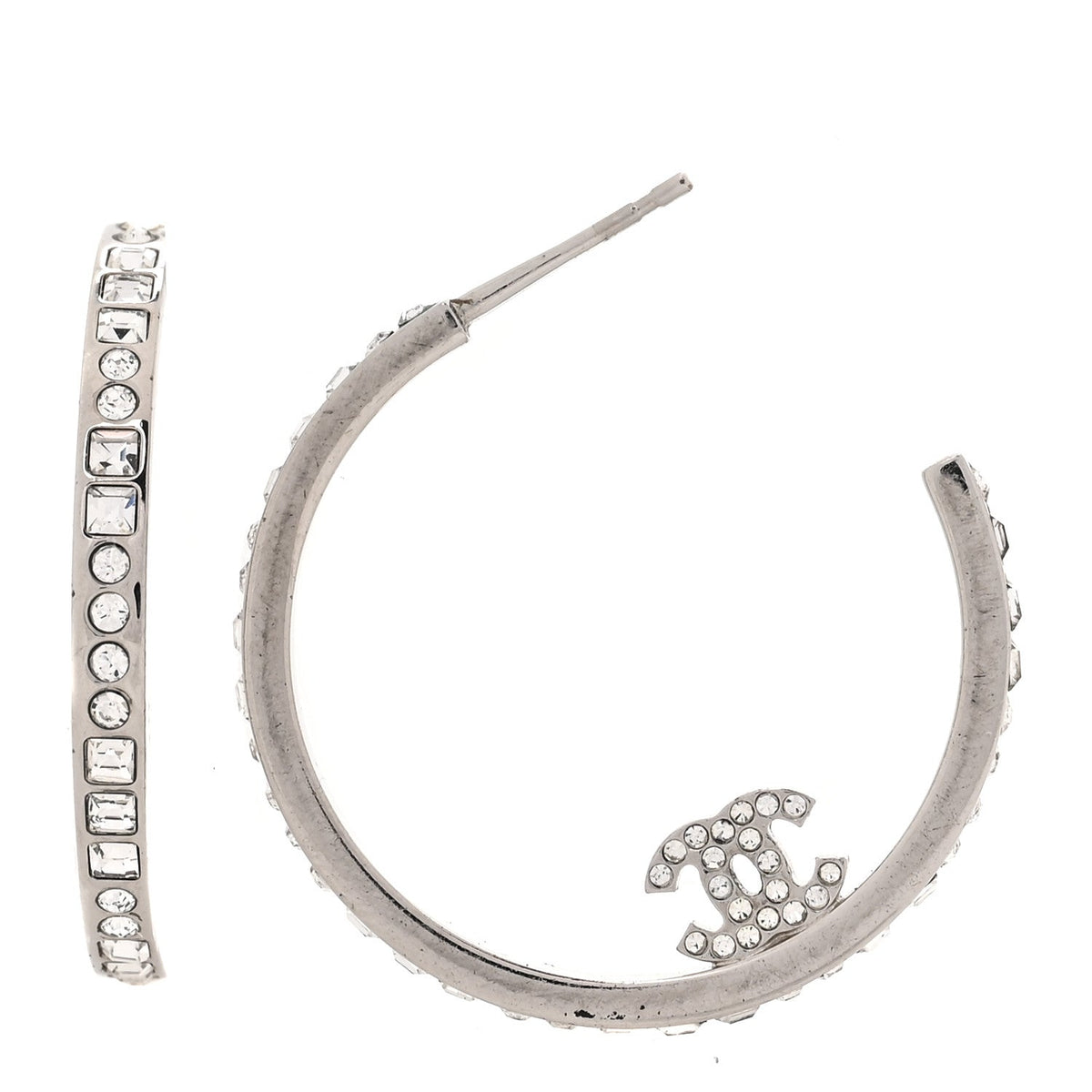 Chanel Metal Crystal Baguette CC Large Hoop Earrings Silver