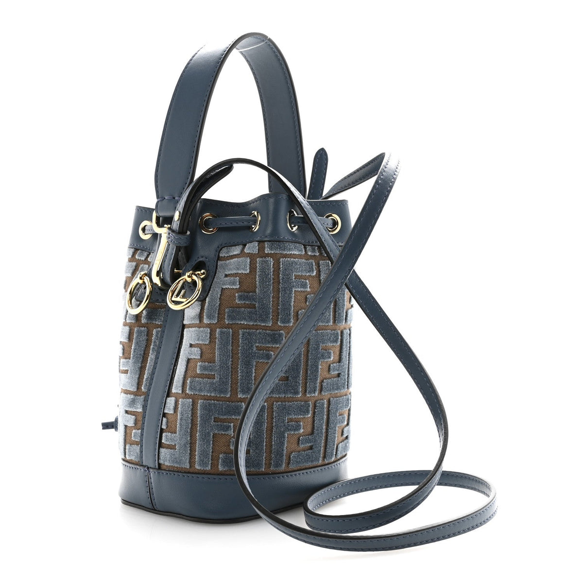Fendi Vitello Grace Velluto FF Mini Mon Tresor Bucket Bag Dusty Blue Brown