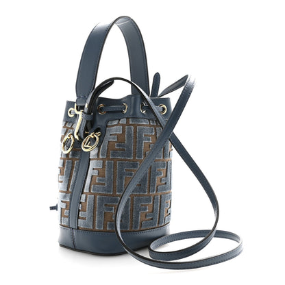Fendi Vitello Grace Velluto FF Mini Mon Tresor Bucket Bag Dusty Blue Brown