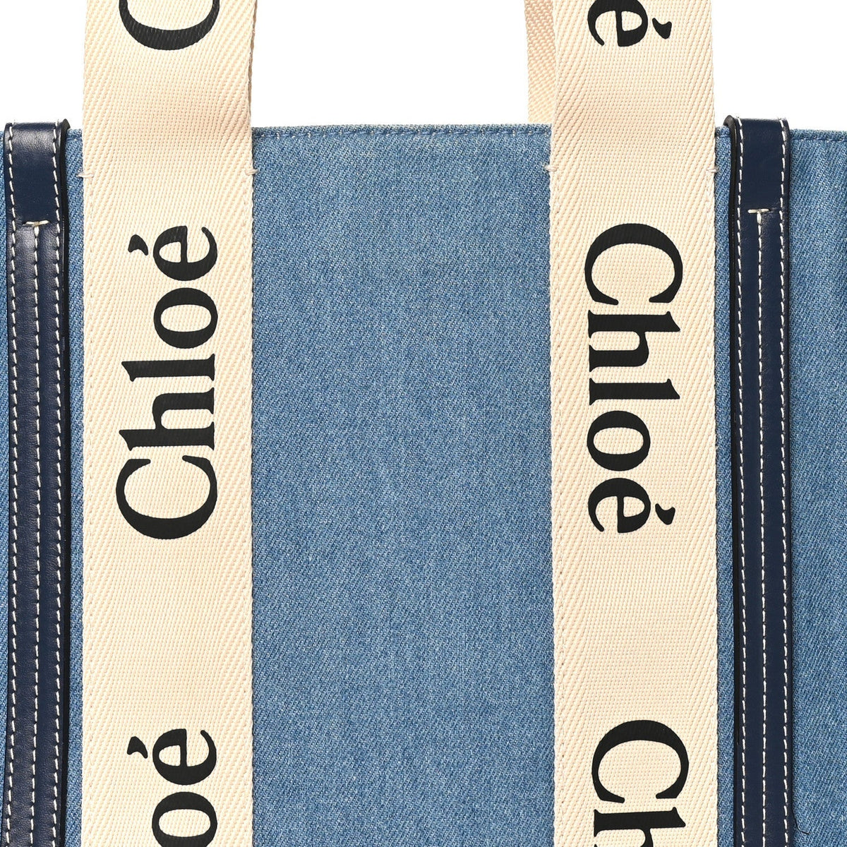Chloe Denim Shiny Calfskin Medium Woody Ribbon Tote Navy