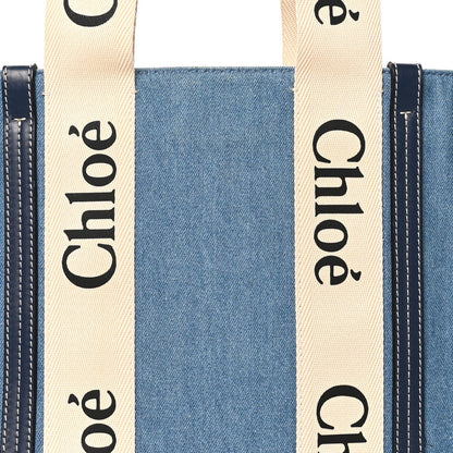 Chloe Denim Shiny Calfskin Medium Woody Ribbon Tote Navy