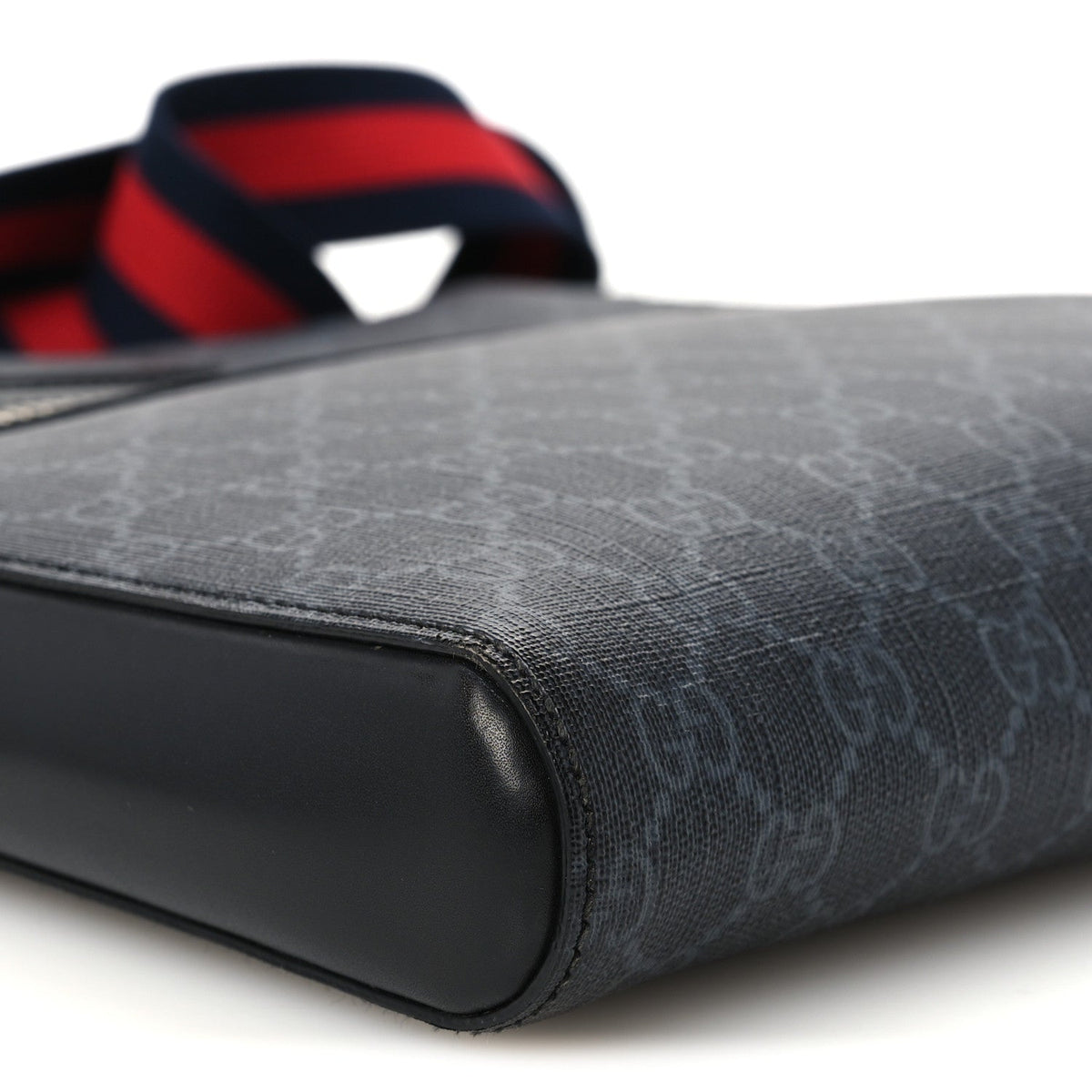 Gucci GG Supreme Calfskin Web Flat Messenger Bag Black Grey