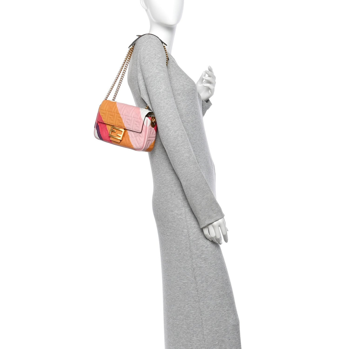 Fendi Nappa FF Embossed Line Print Midi Chain Baguette White Multicolor 1984938