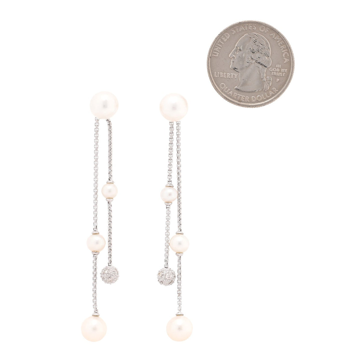 David Yurman Sterling Silver Diamond Pearl Two Row Drop Earrings