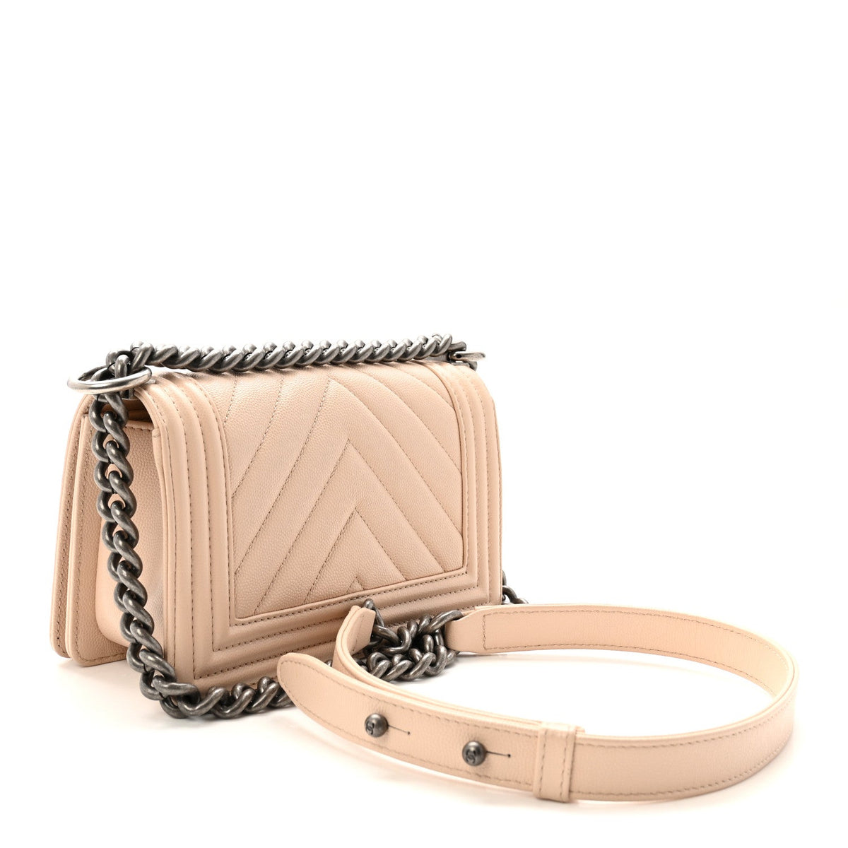 Chanel Caviar Chevron Quilted Small Boy Flap Light Beige