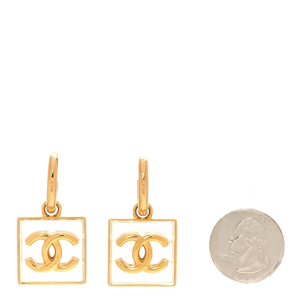 Chanel Metal Resin CC Square Drop Earrings Gold Transparent