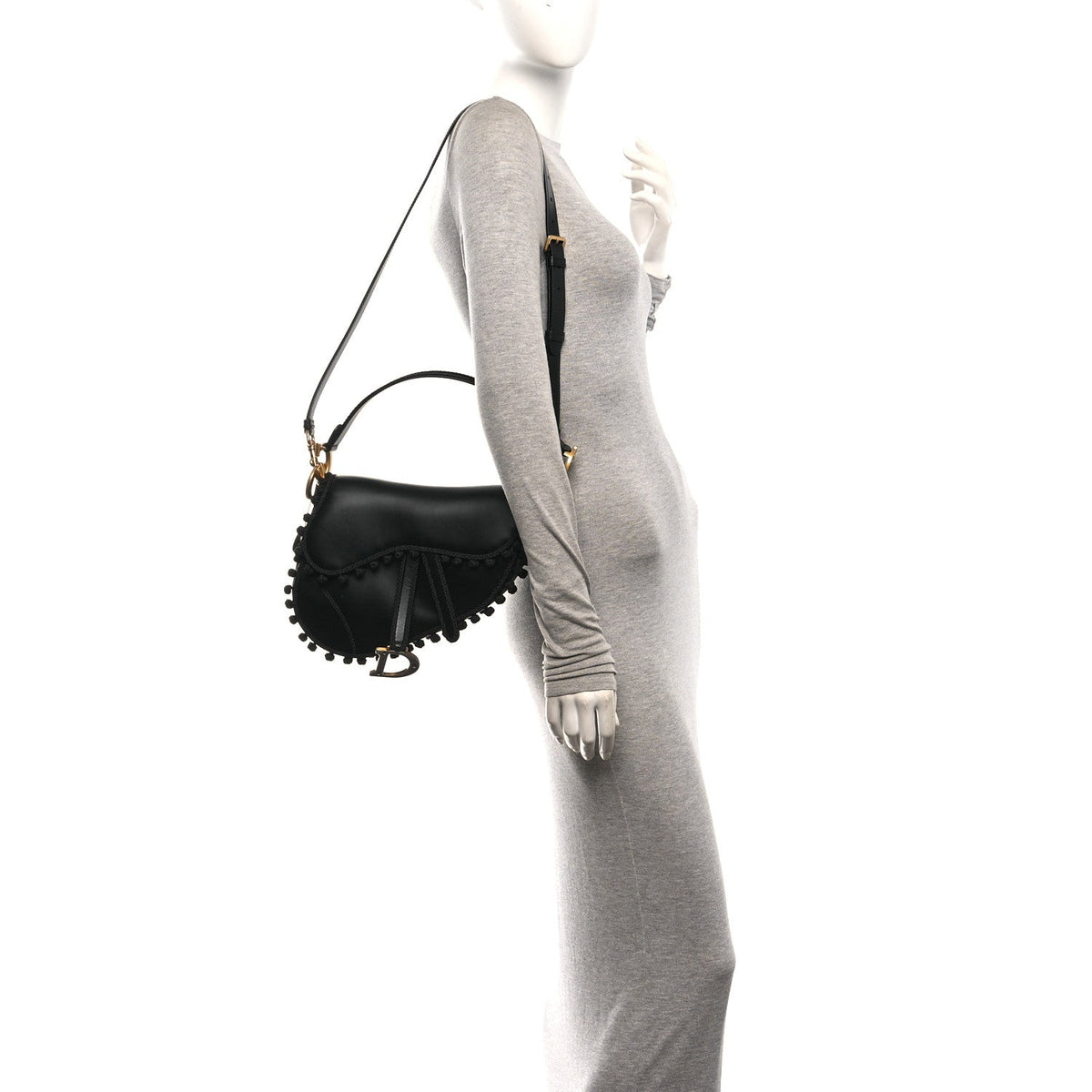 Christian Dior Calfskin Pom Pom Saddle Bag Black