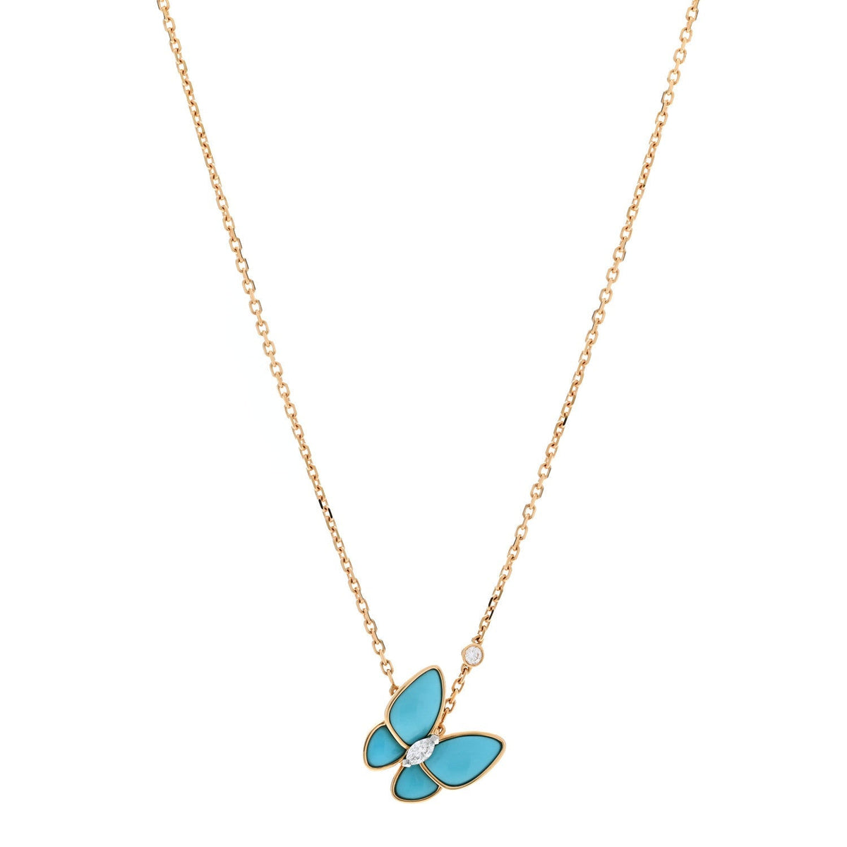 Van Cleef & Arpels 18K Yellow Gold Diamond Turquoise Two Butterfly Pendant Necklace