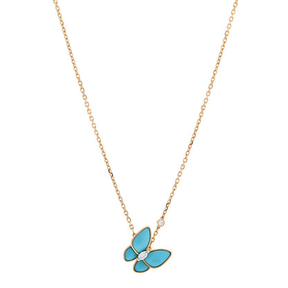 Van Cleef & Arpels 18K Yellow Gold Diamond Turquoise Two Butterfly Pendant Necklace