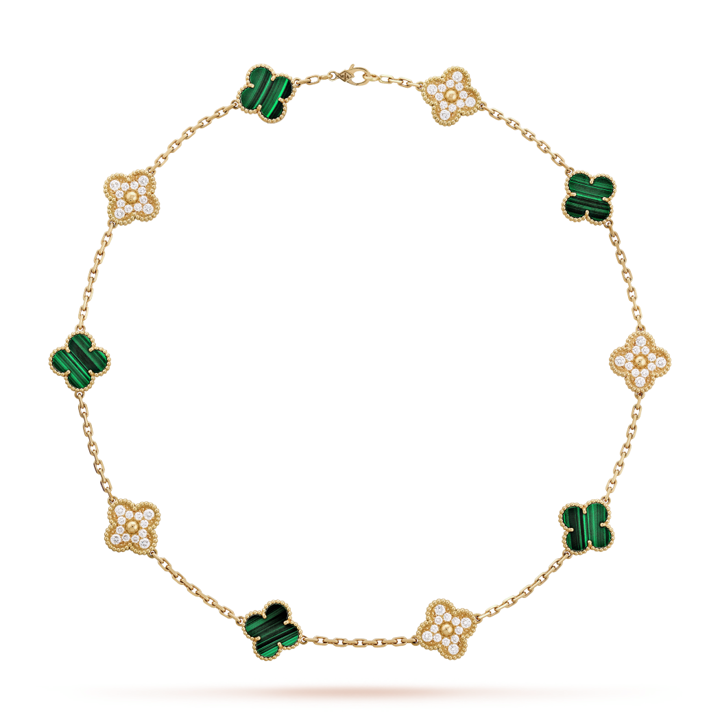 18K Gold Malachite Diamonds VCA Vintage Alhambra Necklace