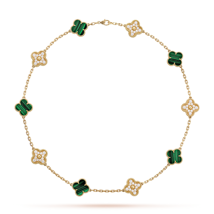 18K Gold Malachite Diamonds VCA Vintage Alhambra Necklace
