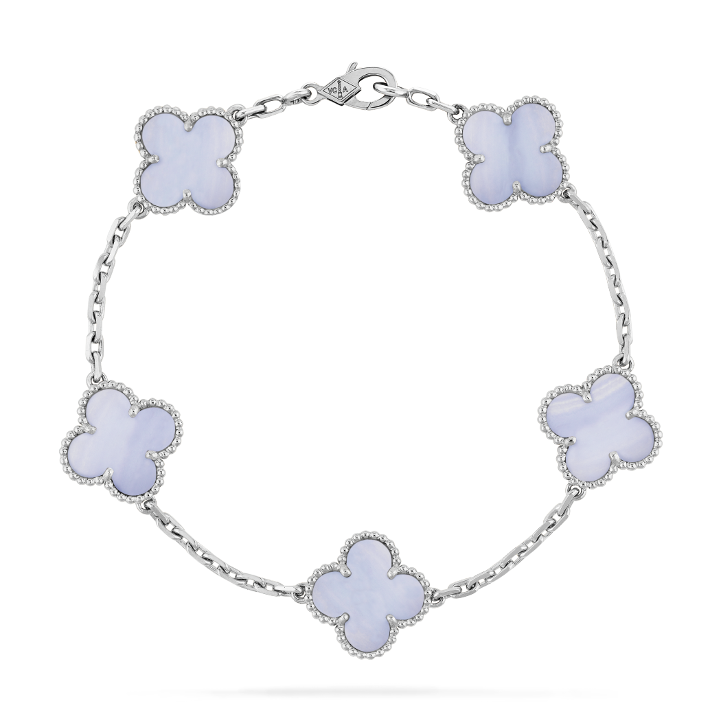 18K White Gold Chalcedony VCA Vintage Alhambra Bracelet 5 Motifs