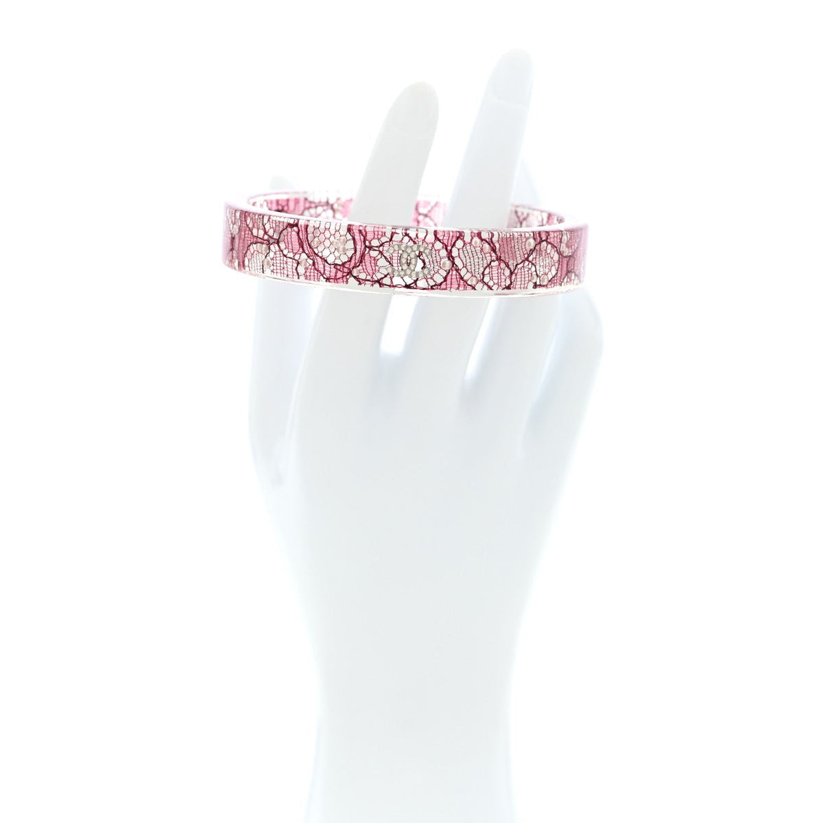 Chanel Resin Lace Crystal CC Bangle Transparent Pink