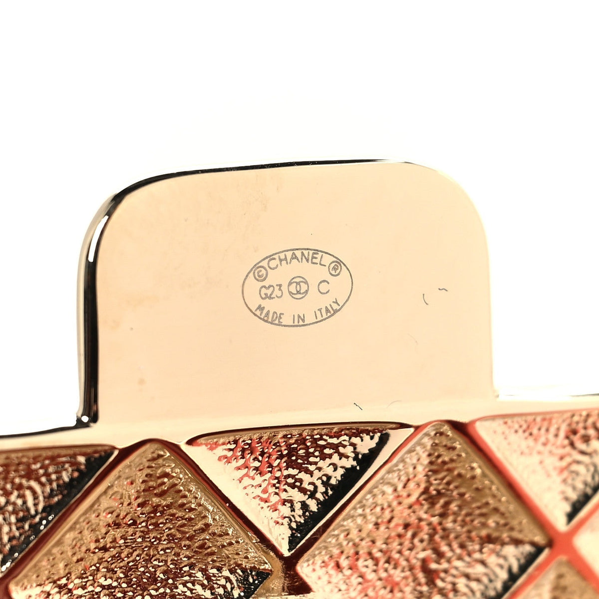 Chanel Metal Resin Flap Bag Long Necklace Gold Pink