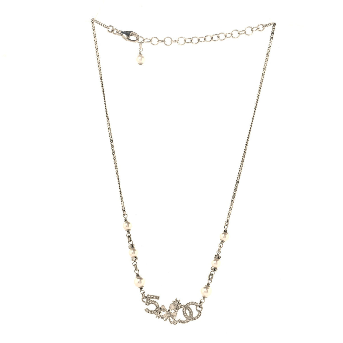 Chanel Crystal Pearl Star 5 CC Necklace Silver White