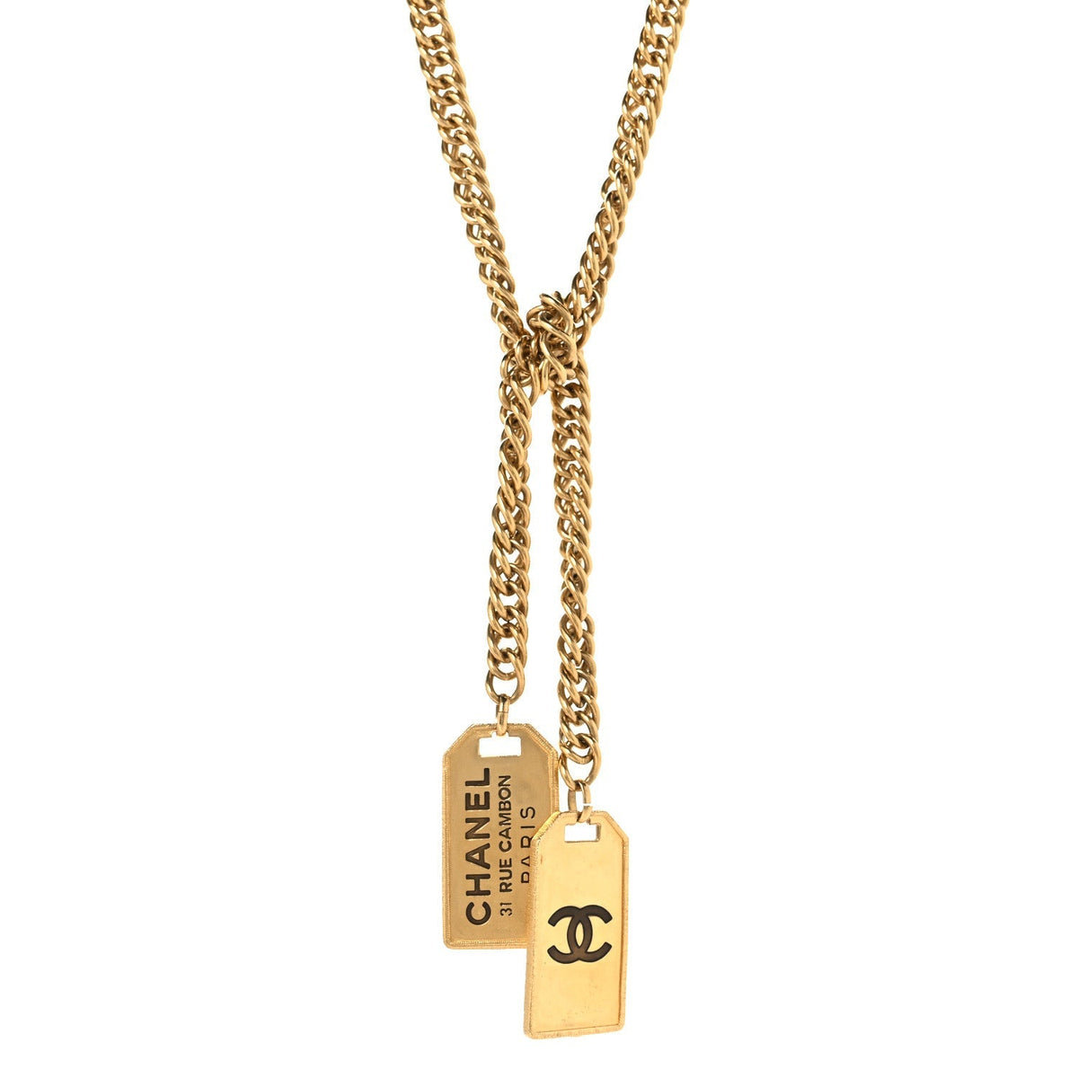 Chanel Metal ID Dog Tag Charm Necklace Gold