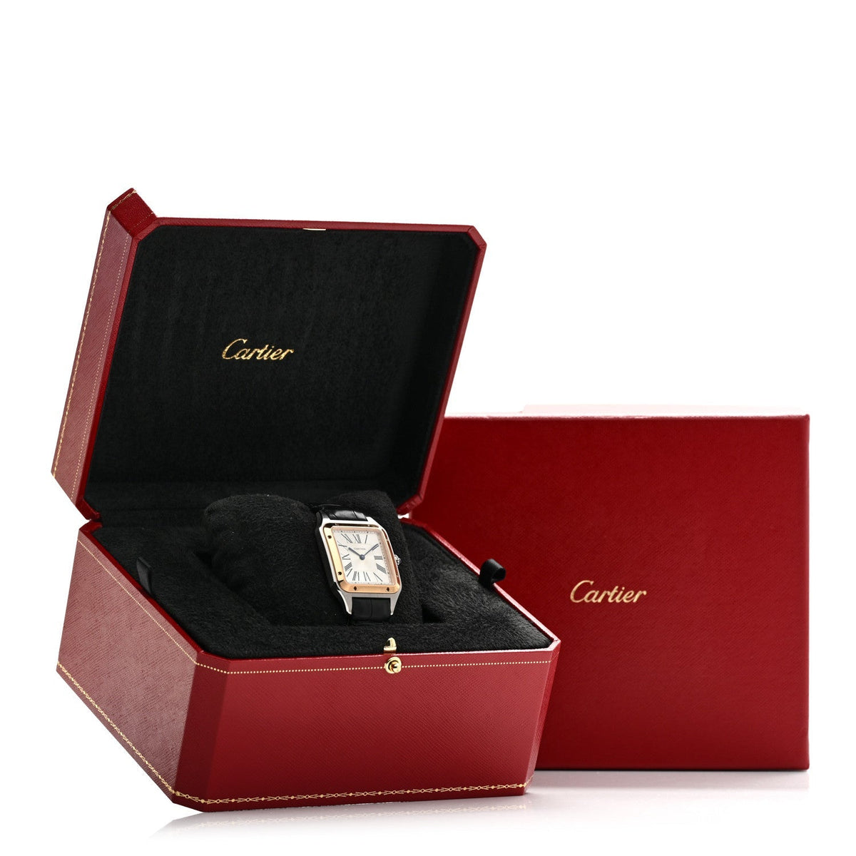 Cartier Stainless Steel 18K Pink Gold Alligator 31.4mm Santos Dumont Quartz Watch
