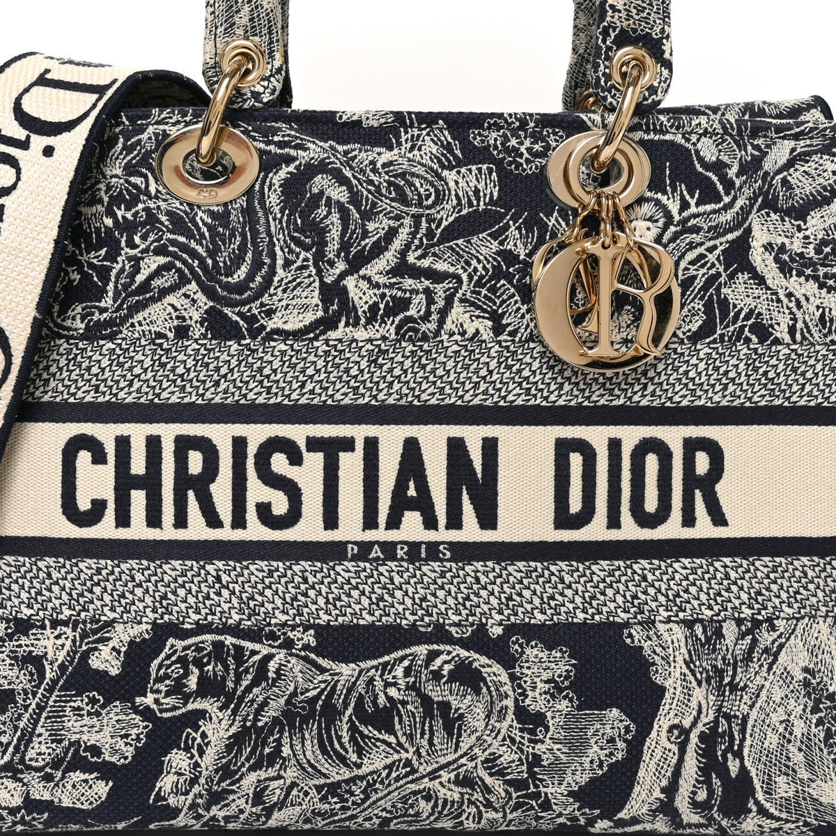 Christian Dior Toile de Jouy Embroidered Large Lady D-Lite Navy