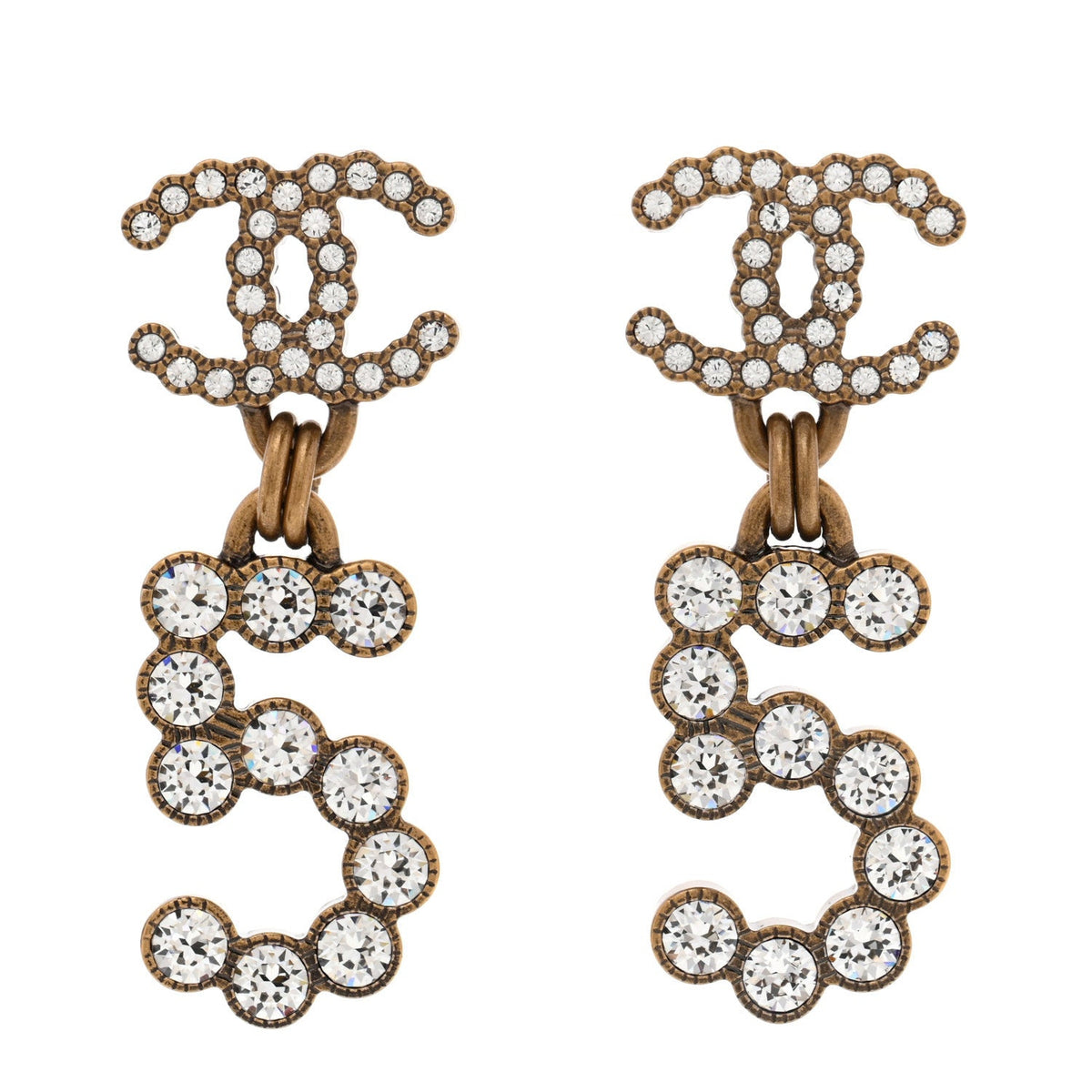 Chanel Metal Crystal City of Lights No 5 Drop Earrings Gold