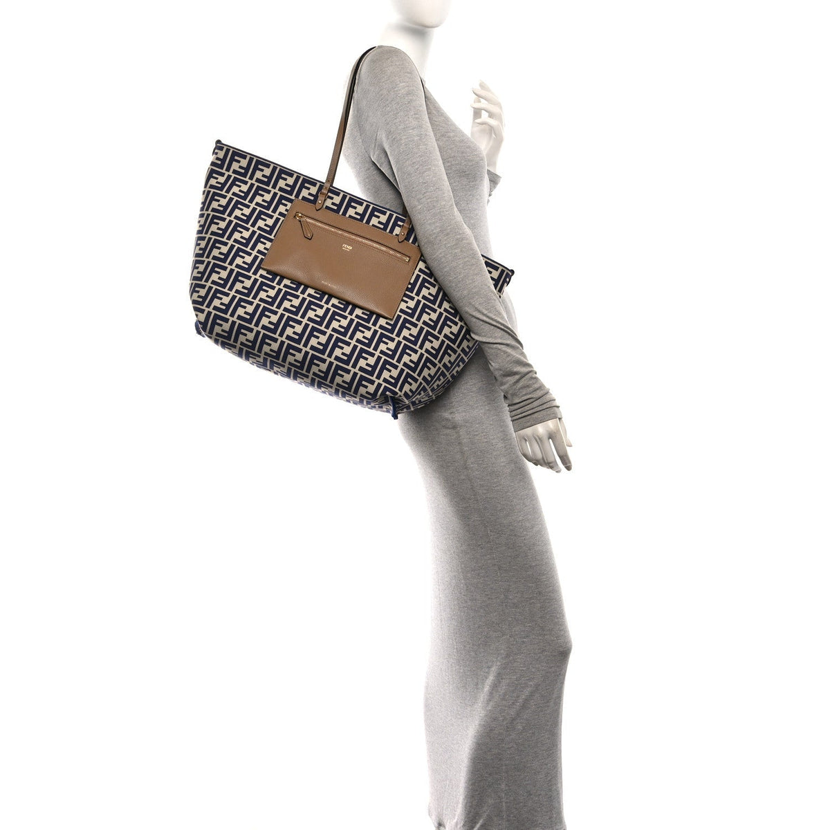 Fendi Pequin Vitello Reversible Large Shopping Tote Midnight Blue