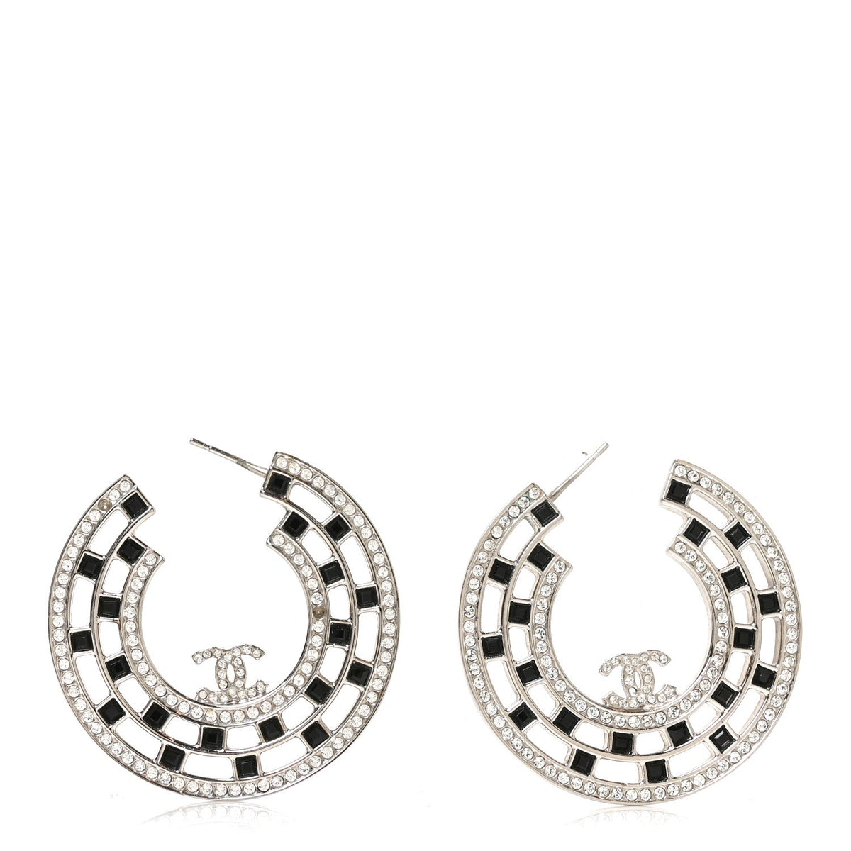 Chanel Baguette Crystal CC Hoop Earrings Silver Black
