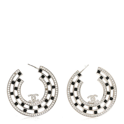 Chanel Baguette Crystal CC Hoop Earrings Silver Black