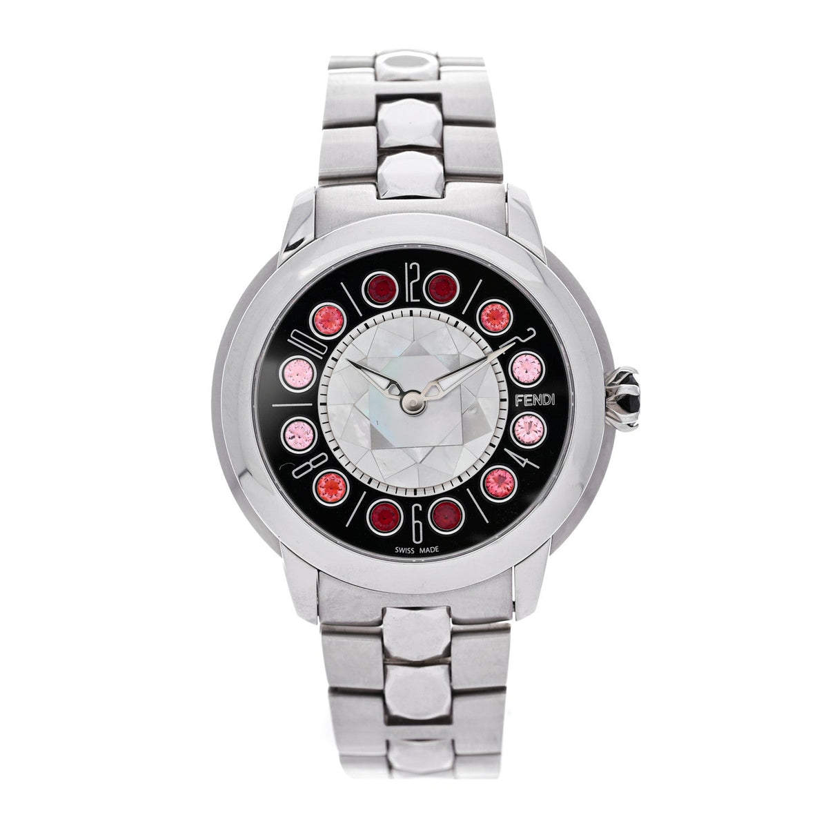 Fendi Stainless Steel Mother of Pearl Topaz Spinel 38mm Ishine Watch Black