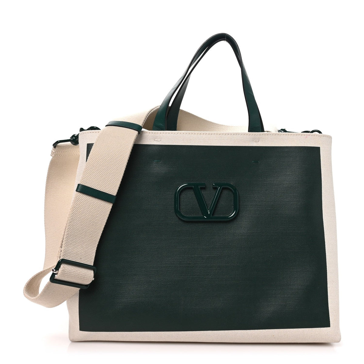 Valentino Garavani Canvas Calfskin VLogo Tote Natural Green