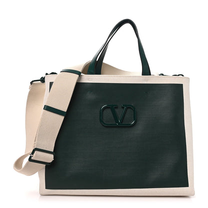 Valentino Garavani Canvas Calfskin VLogo Tote Natural Green