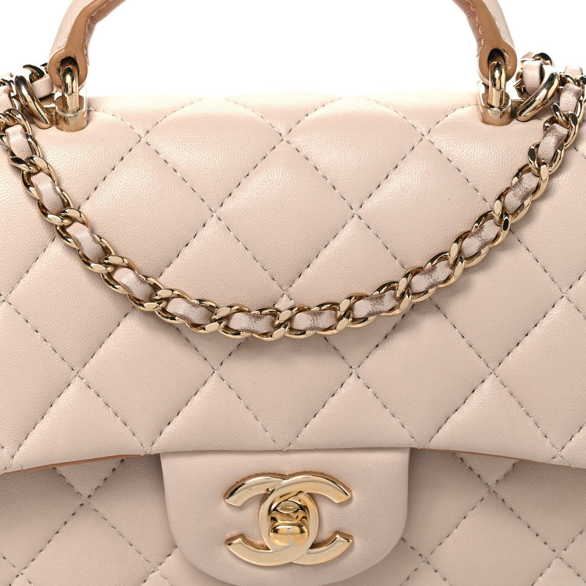 Chanel Lambskin Quilted Mini Top Handle Flap Ecru Dark Beige