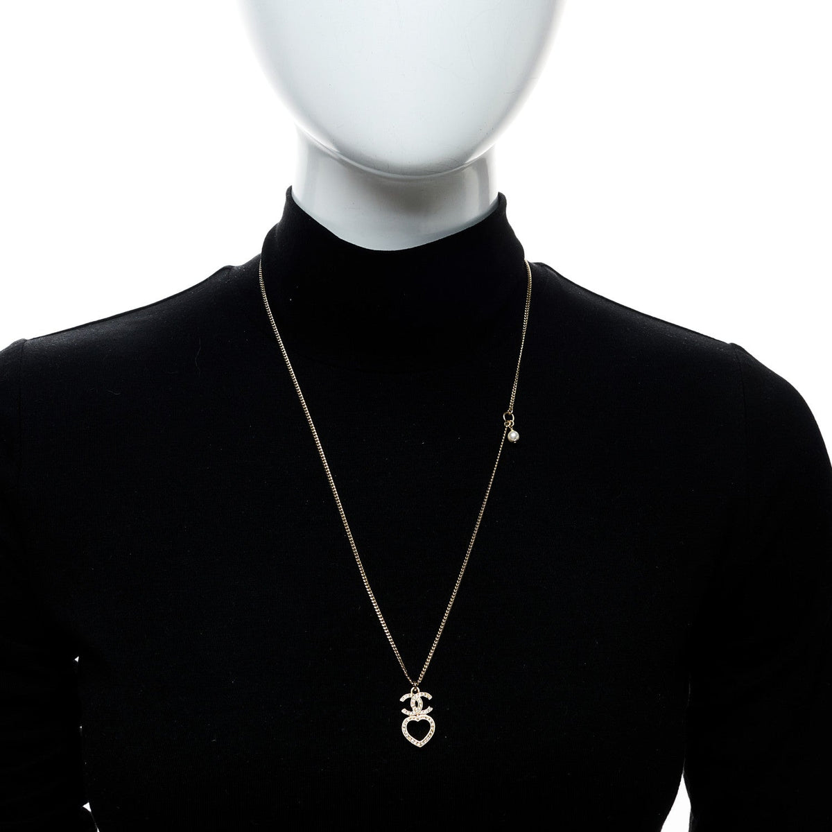 Chanel Crystal Pearl CC Heart Drop Chain Necklace Gold