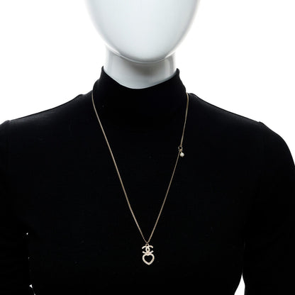 Chanel Crystal Pearl CC Heart Drop Chain Necklace Gold